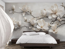 Load image into Gallery viewer, Modern Magnolia Branch 3D Wallpaper – Neutral Floral Wall Mural for Bedroom or Living Room – Stylish Oversized Flower Wall Decor