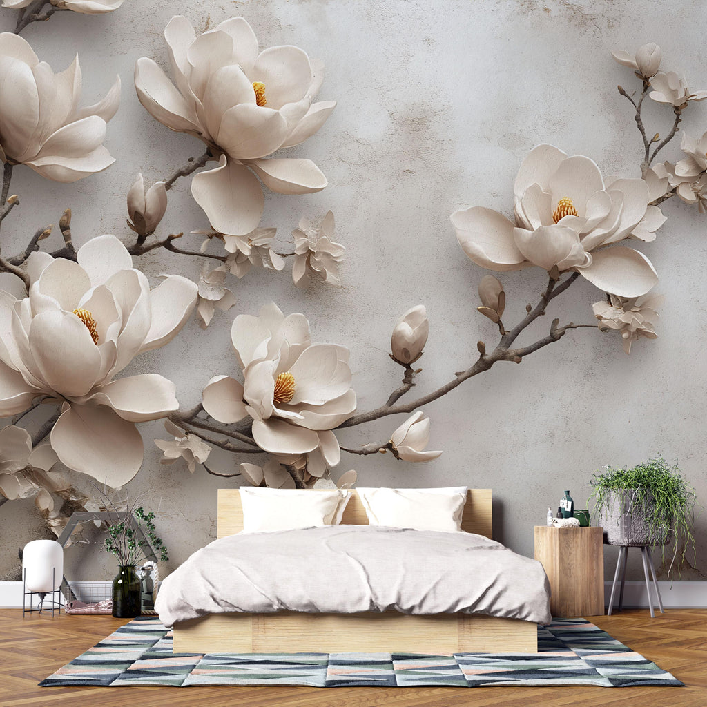 3D Magnolia Flower Wallpaper, Elegant Floral Mural for Bedroom or Living Room, Neutral Large Wall Art, Modern Peel and Stick Stylish Wall
