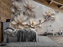 Load image into Gallery viewer, 3D Magnolia Flower Wallpaper, Elegant Floral Mural for Bedroom or Living Room, Neutral Large Wall Art, Modern Peel and Stick Stylish Wall