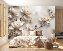 Load image into Gallery viewer, 3D Magnolia Flower Wallpaper, Elegant Floral Mural for Bedroom or Living Room, Neutral Large Wall Art, Modern Peel and Stick Stylish Wall
