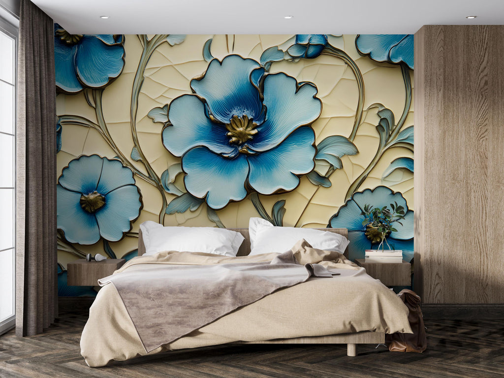 3D Blue Floral Wallpaper, Bold Flower Wall Mural for Living Room or Office, Textured Botanical Modern Wall Art, Stylish Peel and Stick Wall