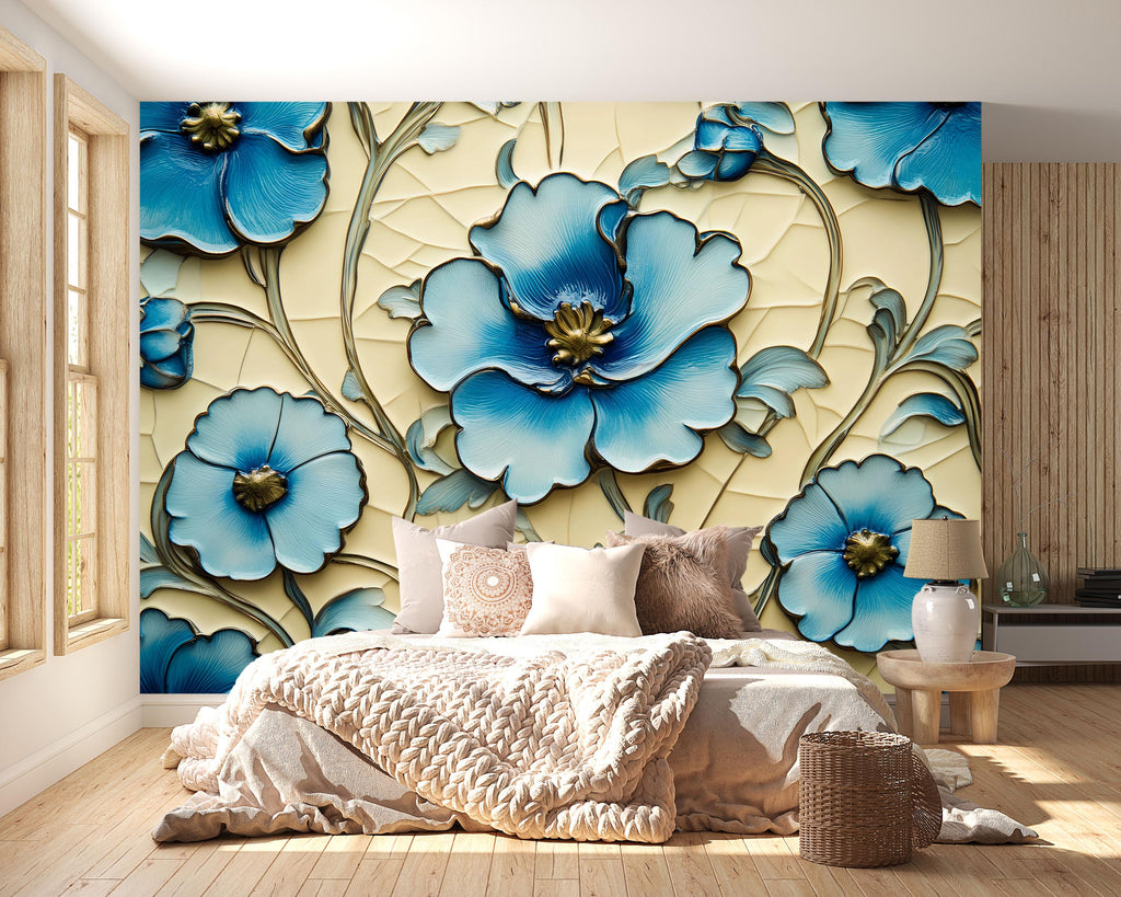 3D Blue Floral Wallpaper, Bold Flower Wall Mural for Living Room or Office, Textured Botanical Modern Wall Art, Stylish Peel and Stick Wall