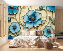 Load image into Gallery viewer, 3D Blue Floral Wallpaper, Bold Flower Wall Mural for Living Room or Office, Textured Botanical Modern Wall Art, Stylish Peel and Stick Wall