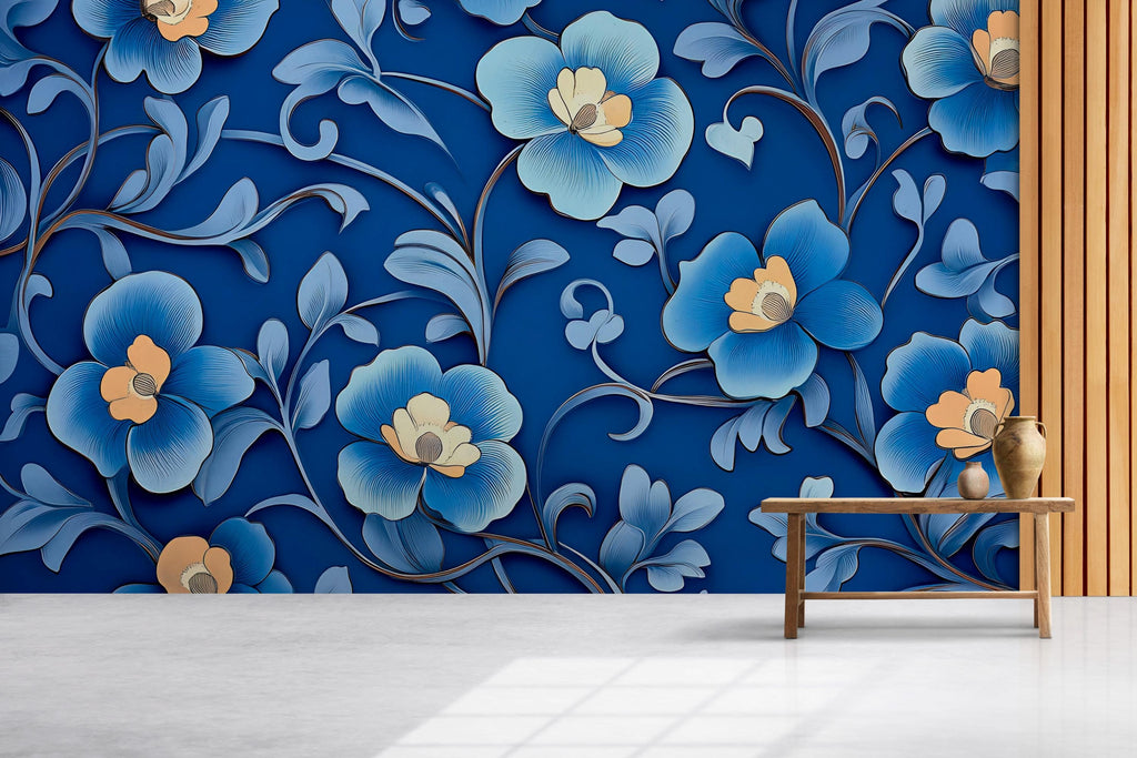 Royal Blue 3D Floral Wallpaper, Bold Textured Flower Wall Mural for Living Room or Office, Modern Stylish Wall Decor, Elegant Gift Idea
