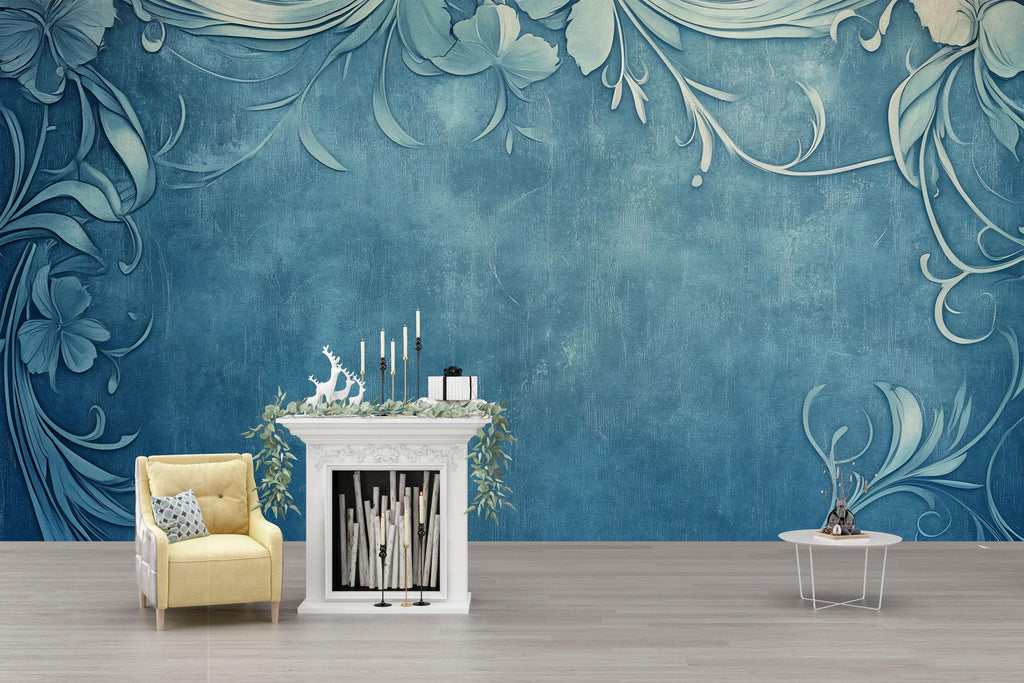 Blue Vintage Floral 3D Wallpaper, Embossed Minimalist Wall Mural with Elegant Scroll Design, Modern Stylish Wall Decor for Living Room