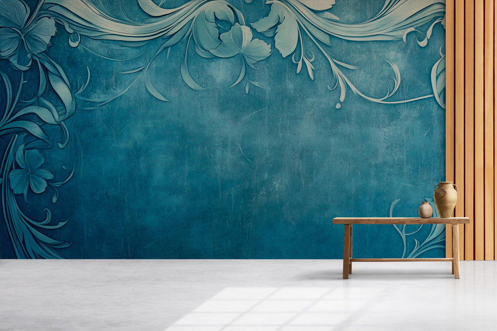 Blue Vintage Floral 3D Wallpaper, Embossed Minimalist Wall Mural with Elegant Scroll Design, Modern Stylish Wall Decor for Living Room