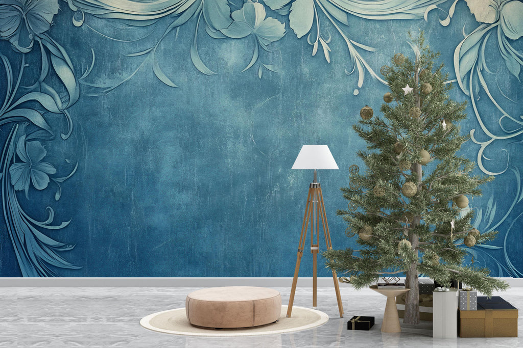 Blue Vintage Floral 3D Wallpaper, Embossed Minimalist Wall Mural with Elegant Scroll Design, Modern Stylish Wall Decor for Living Room