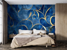 Load image into Gallery viewer, Blue And Gold Abstract Wallpaper, Luxury Textured 3D Mural For Bedroom Or Living Room, Modern Elegant Wall Decor, Stylish
