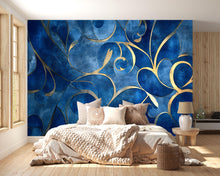 Load image into Gallery viewer, Blue And Gold Abstract Wallpaper, Luxury Textured 3D Mural For Bedroom Or Living Room, Modern Elegant Wall Decor, Stylish
