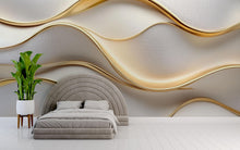 Load image into Gallery viewer, 3D Gold Wave Wallpaper Mural For Bedroom Or Living Room, Modern Luxury Wall Decor With Textured Lines, Elegant Abstract Design, Stylish