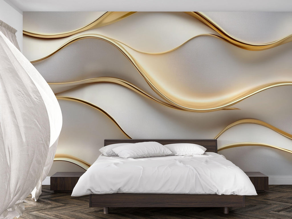 3D Gold Wave Wallpaper Mural For Bedroom Or Living Room, Modern Luxury Wall Decor With Textured Lines, Elegant Abstract Design, Stylish