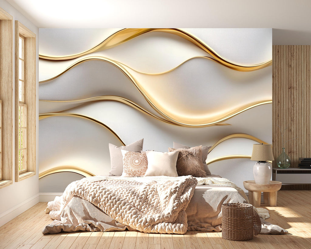 3D Gold Wave Wallpaper Mural For Bedroom Or Living Room, Modern Luxury Wall Decor With Textured Lines, Elegant Abstract Design, Stylish