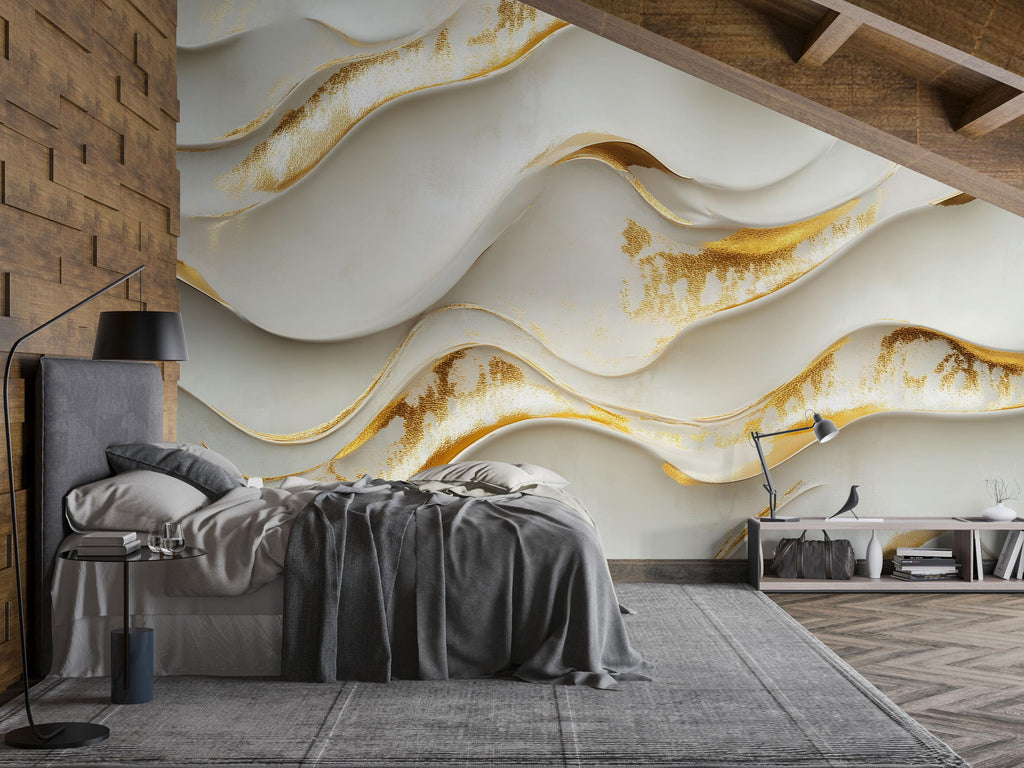 3D Wave Wallpaper With Gold Texture For Bedroom Or Living Room, Elegant Abstract Wall Mural, Modern Peel And Stick Decor, Stylish Wall Art