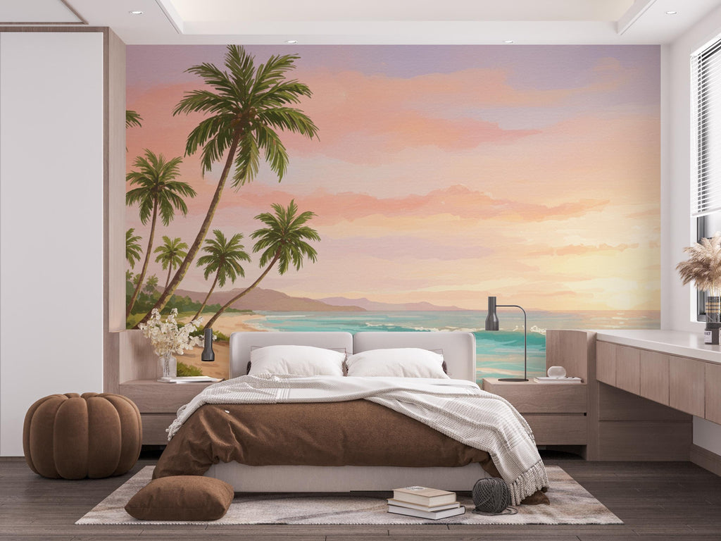 Palm Beach Wallpaper Watercolor Sea Palm Beach Mural with Ocean Beach Wall Art for Nursery Bedroom or Living Room 839RS