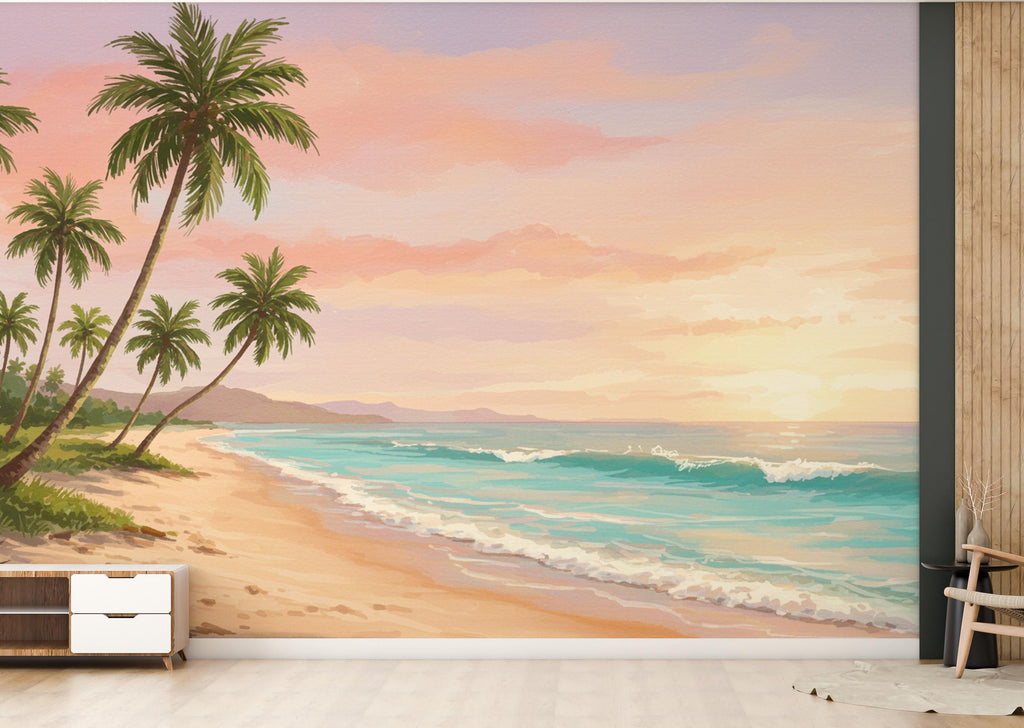 Palm Beach Wallpaper Watercolor Sea Palm Beach Mural with Ocean Beach Wall Art for Nursery Bedroom or Living Room 839RS