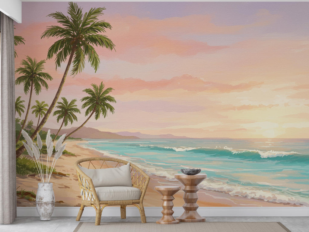 Palm Beach Wallpaper Watercolor Sea Palm Beach Mural with Ocean Beach Wall Art for Nursery Bedroom or Living Room 839RS