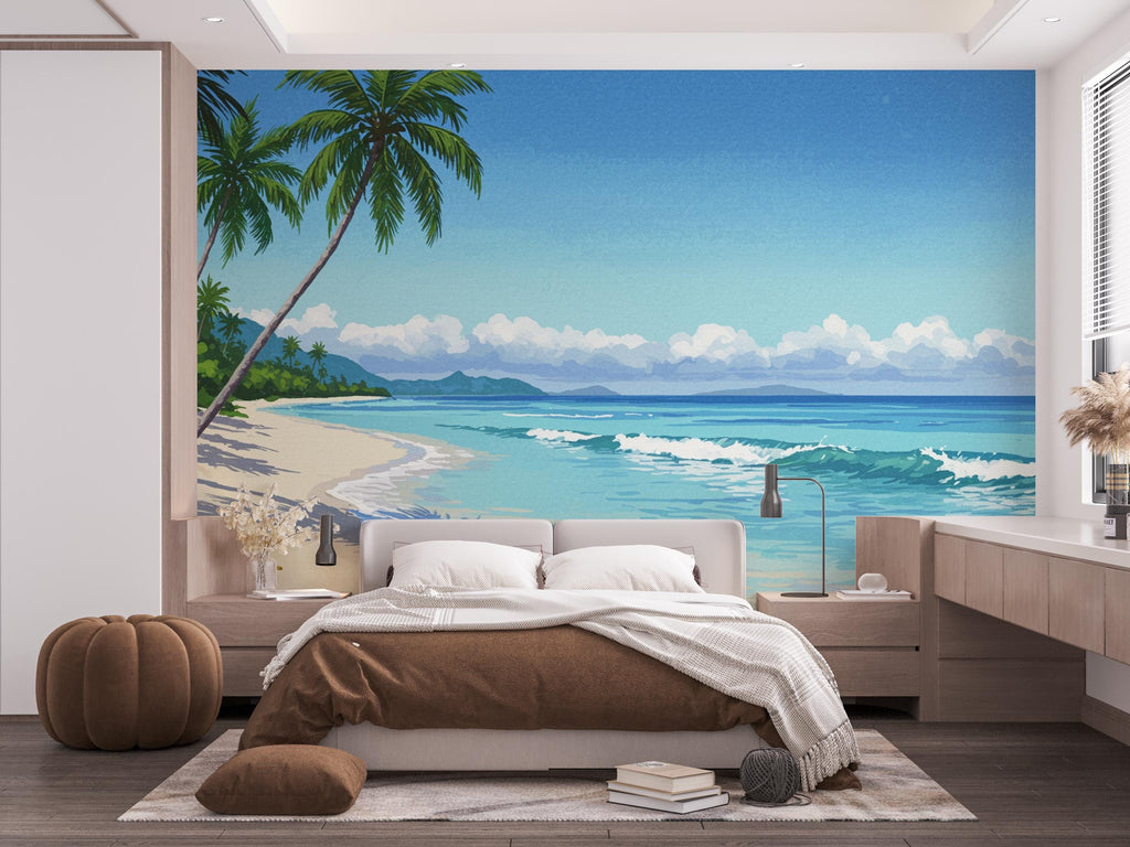 Palm Beach Wallpaper Watercolor Sea Palm Beach Mural with Ocean Beach Wall Art for Nursery Bedroom or Living Room 840RS
