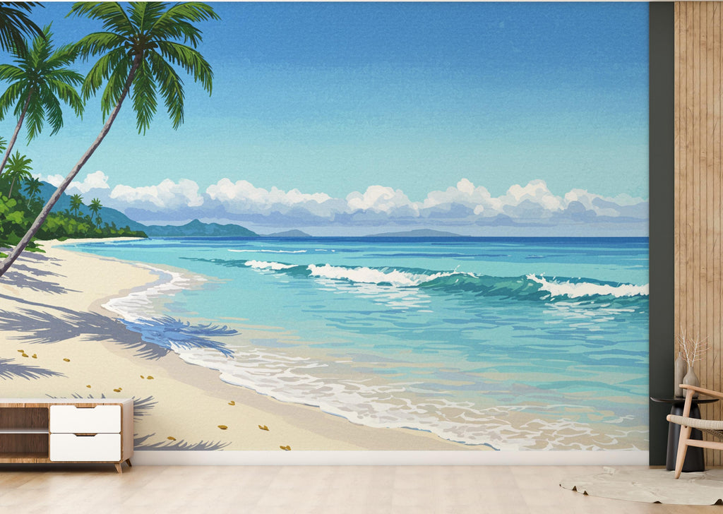 Palm Beach Wallpaper Watercolor Sea Palm Beach Mural with Ocean Beach Wall Art for Nursery Bedroom or Living Room 840RS