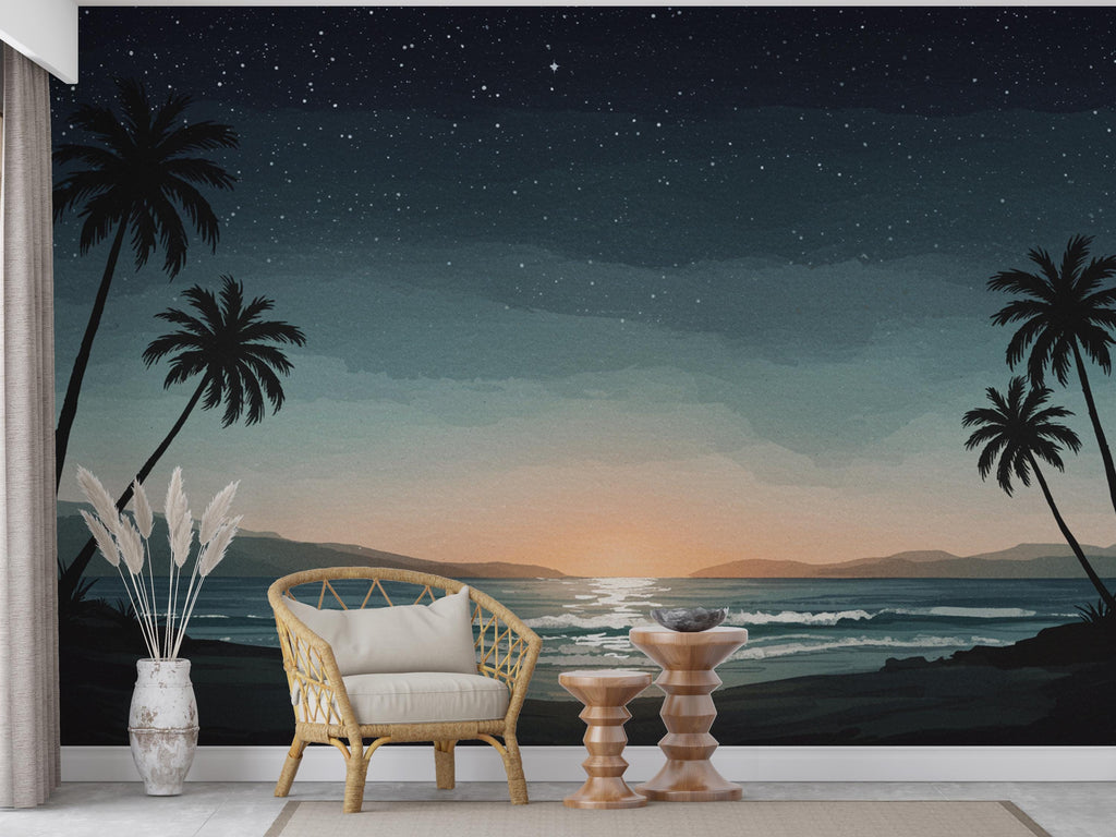 Palm Beach By Night Wallpaper Watercolor Sea Palm Beach Mural with Ocean Beach Wall Art for Nursery Bedroom or Living Room 841RS