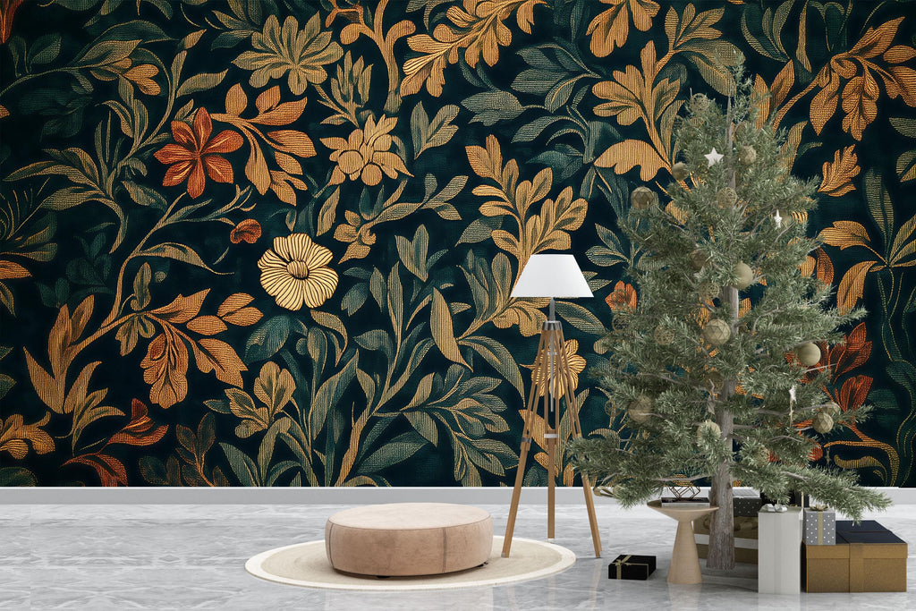 Elegant Dark Floral 3D Wallpaper – Vintage Botanical Wall Mural with Golden and Rust Blooms – Luxury Statement Wall Art for Living Room