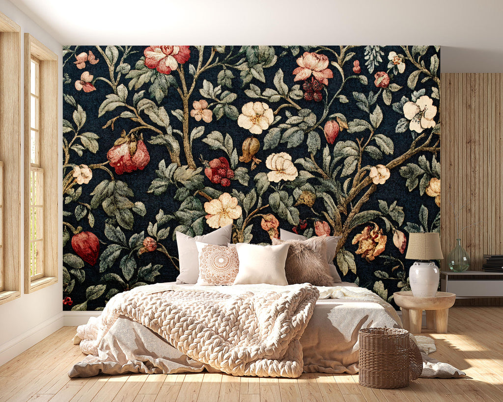 Vintage Dark Floral 3D Wallpaper – Elegant Botanical Wall Mural with Classic Garden Flowers – Traditional Statement Wall Art for Living Room