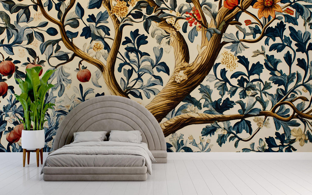 Vintage Botanical Tree 3D Wallpaper – Large Mural with Branches, Leaves & Fruit – Bold Statement Wall Art for Bedroom, Living Room