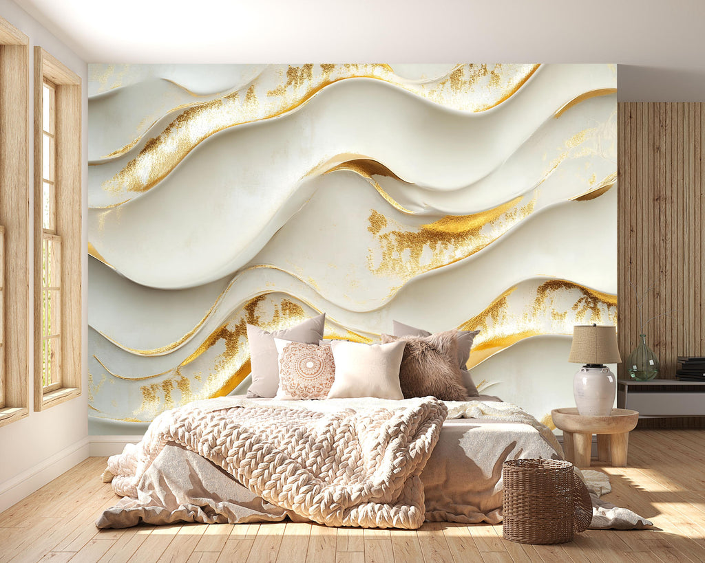 Gold Wave Textured Wall Mural – Modern 3D Luxury Accent Wallpaper Vn774