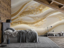 Load image into Gallery viewer, Luxury Gold Pearl Wave Wall Mural – 3D Elegant Cream and Gold Accent Wallpaper Vn776