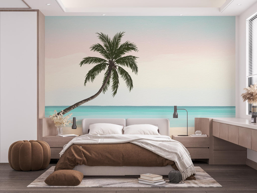 Palm Beach Wallpaper Watercolor Sea Palm Beach Mural with Ocean Beach Wall Art for Nursery Bedroom or Living Room 842RS