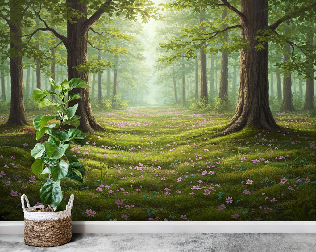 Forest Flower Spring Wallpaper Watercolor Forest Flower Mural Fall Forest Wall Art for Nursery Bedroom or Living Room 844RS