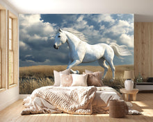 Load image into Gallery viewer, White Horse Wall Mural – Majestic Stallion Running in Field Wallpaper for Bedroom or Nursery Vn784