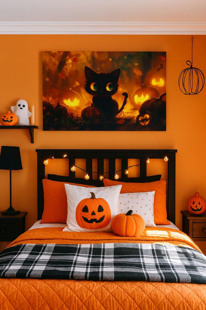Cute Black Cat Halloween Wall Mural – Pumpkin Lantern Night Scene Vn812