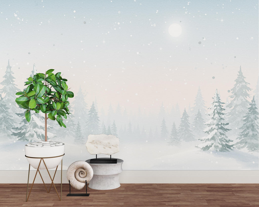 Enchanted Winter Forest Mural – Watercolor Snowy Evergreen Trees & Moonlit Sky Wallpaper – Calm Nursery or Winter Wall Art Decor 810RS