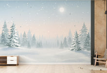 Load image into Gallery viewer, Enchanted Winter Forest Mural – Watercolor Snowy Evergreen Trees &amp; Moonlit Sky Wallpaper – Calm Nursery or Winter Wall Art Decor 810RS
