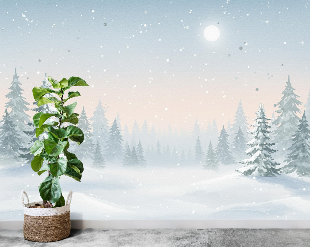 Enchanted Winter Forest Mural – Watercolor Snowy Evergreen Trees & Moonlit Sky Wallpaper – Calm Nursery or Winter Wall Art Decor 810RS