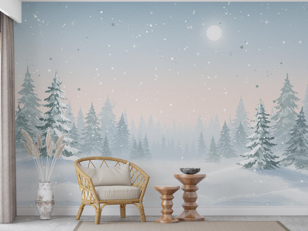 Enchanted Winter Forest Mural – Watercolor Snowy Evergreen Trees & Moonlit Sky Wallpaper – Calm Nursery or Winter Wall Art Decor 810RS