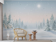 Load image into Gallery viewer, Enchanted Winter Forest Mural – Watercolor Snowy Evergreen Trees &amp; Moonlit Sky Wallpaper – Calm Nursery or Winter Wall Art Decor 810RS