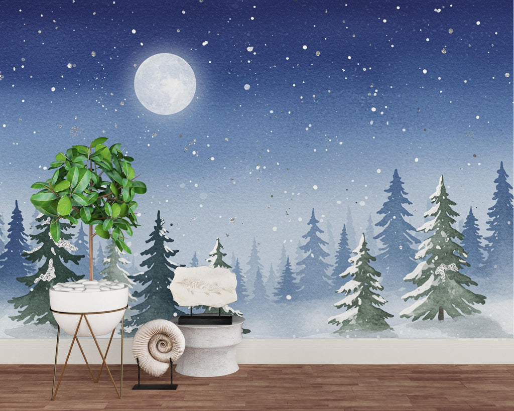 Moonlit Winter Forest Wall Mural – Watercolor Snowy Evergreen Night Scene with Stars – Enchanted Wall Art for Nursery or Bedroom 811RS