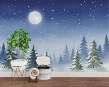Load image into Gallery viewer, Moonlit Winter Forest Wall Mural – Watercolor Snowy Evergreen Night Scene with Stars – Enchanted Wall Art for Nursery or Bedroom 811RS