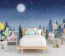 Load image into Gallery viewer, Moonlit Winter Forest Wall Mural – Watercolor Snowy Evergreen Night Scene with Stars – Enchanted Wall Art for Nursery or Bedroom 811RS