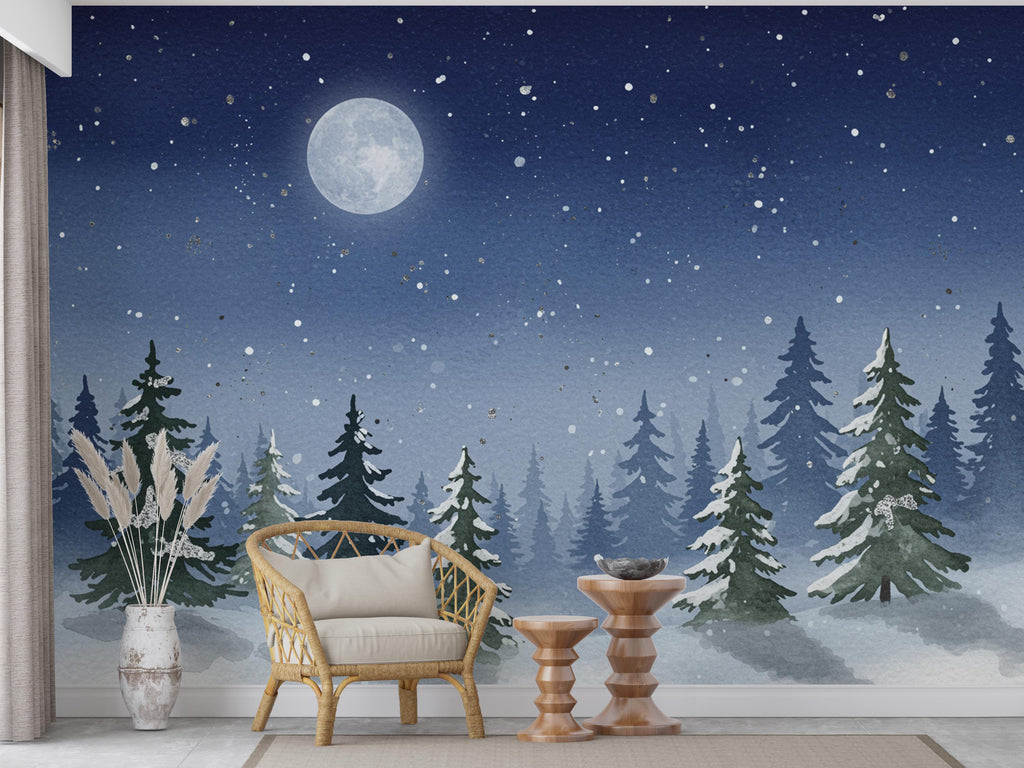 Moonlit Winter Forest Wall Mural – Watercolor Snowy Evergreen Night Scene with Stars – Enchanted Wall Art for Nursery or Bedroom 811RS
