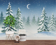 Load image into Gallery viewer, Serene Snowy Forest Wall Mural – Watercolor Winter Night with Crescent Moon &amp; Stars – Peaceful Woodland Nursery or Bedroom Wallpaper 812RS