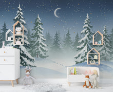 Load image into Gallery viewer, Serene Snowy Forest Wall Mural – Watercolor Winter Night with Crescent Moon &amp; Stars – Peaceful Woodland Nursery or Bedroom Wallpaper 812RS