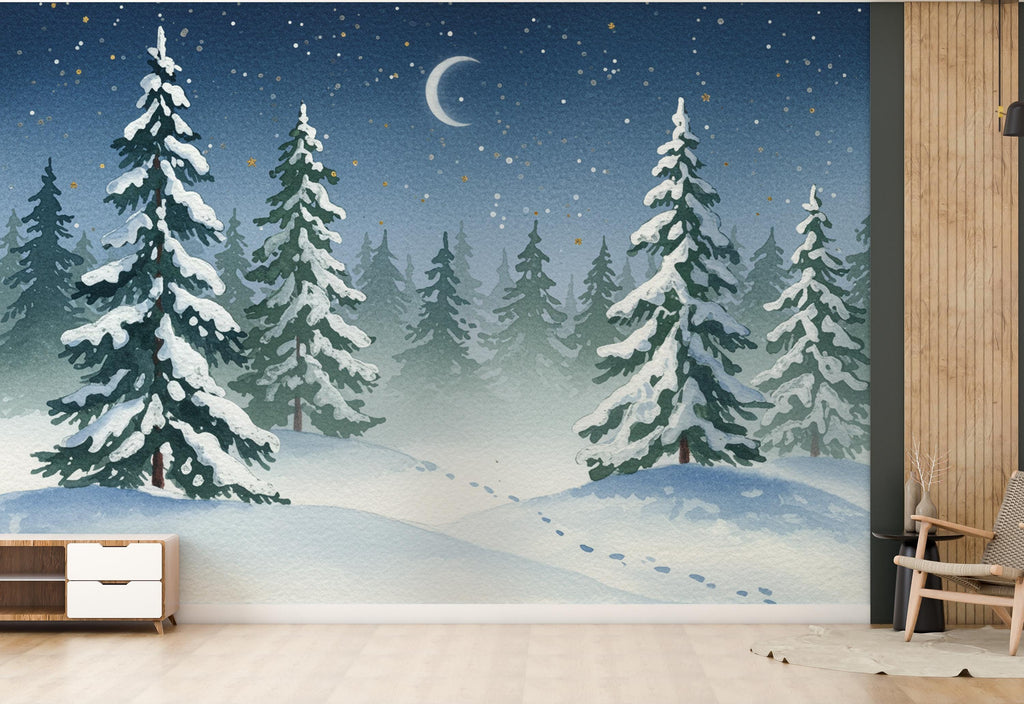 Serene Snowy Forest Wall Mural – Watercolor Winter Night with Crescent Moon & Stars – Peaceful Woodland Nursery or Bedroom Wallpaper 812RS