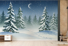 Load image into Gallery viewer, Serene Snowy Forest Wall Mural – Watercolor Winter Night with Crescent Moon &amp; Stars – Peaceful Woodland Nursery or Bedroom Wallpaper 812RS
