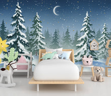 Load image into Gallery viewer, Serene Snowy Forest Wall Mural – Watercolor Winter Night with Crescent Moon &amp; Stars – Peaceful Woodland Nursery or Bedroom Wallpaper 812RS