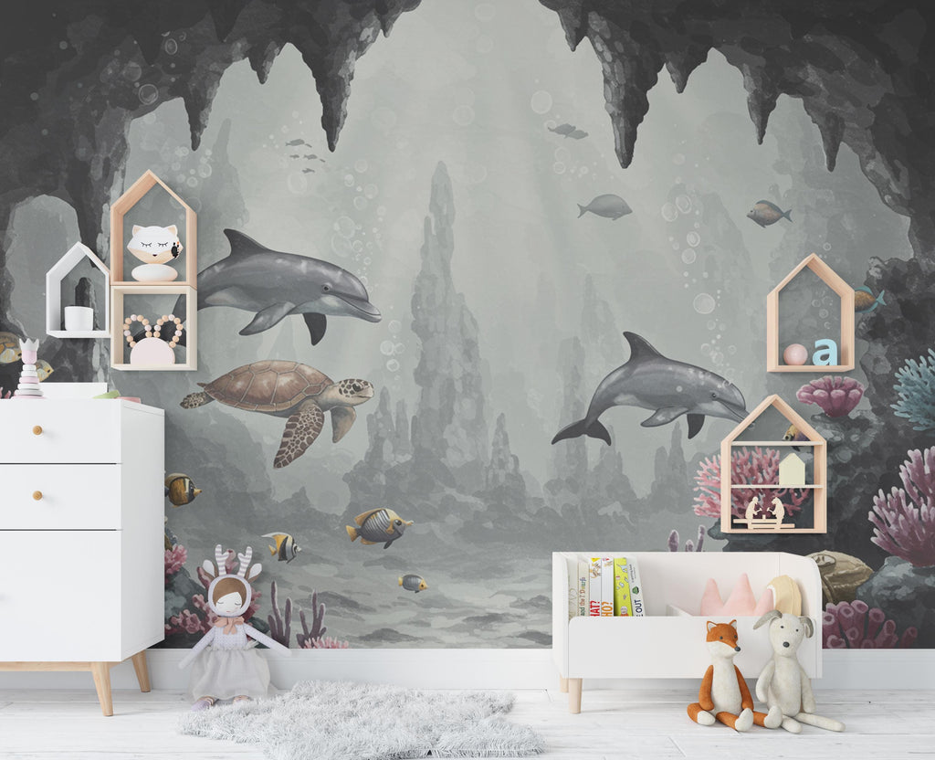 Underwater Wall Graphics Peel and Stick Dolphin Sea Turtle room Wallpaper Nursery Self Adhesive Removable nursery wall decor Mural 846RS