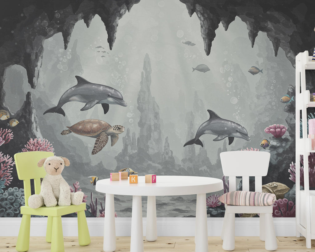 Underwater Wall Graphics Peel and Stick Dolphin Sea Turtle room Wallpaper Nursery Self Adhesive Removable nursery wall decor Mural 846RS
