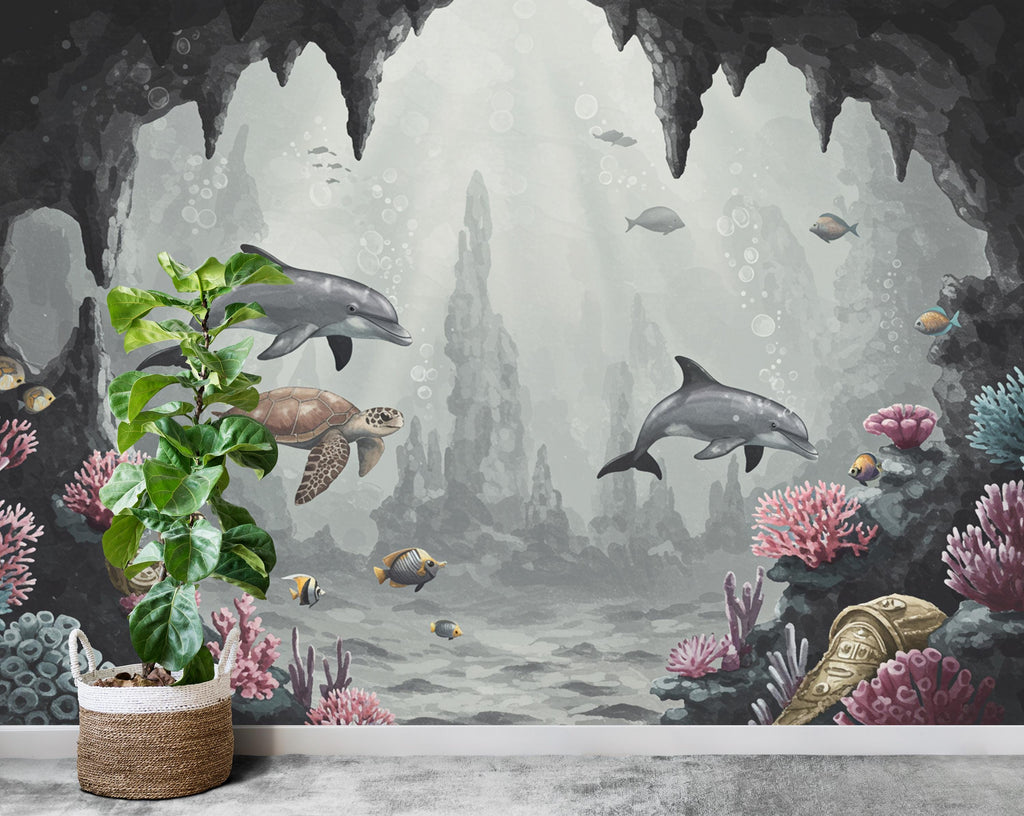 Underwater Wall Graphics Peel and Stick Dolphin Sea Turtle room Wallpaper Nursery Self Adhesive Removable nursery wall decor Mural 846RS