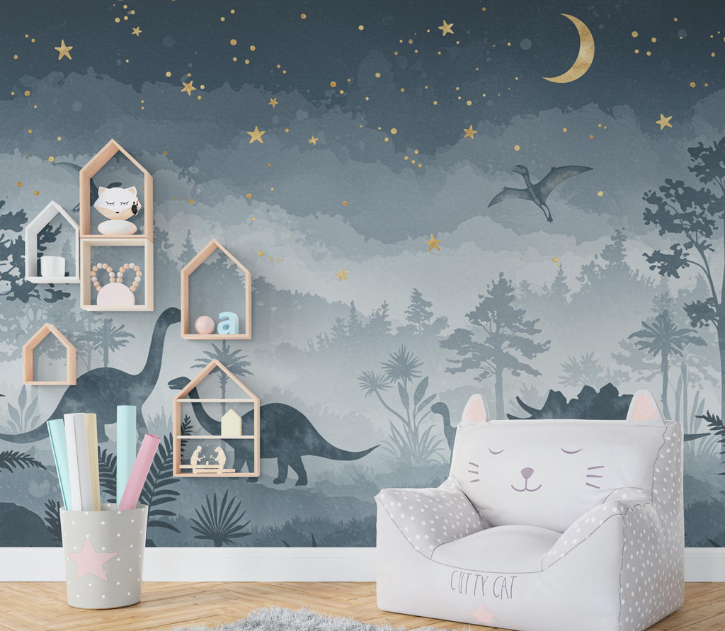 Watercolor Dinosaur Forest Wall Mural – Enchanted Prehistoric Jungle Wallpaper with Moon, Stars Dinosaurs for Kids Room or Nursery 850RS